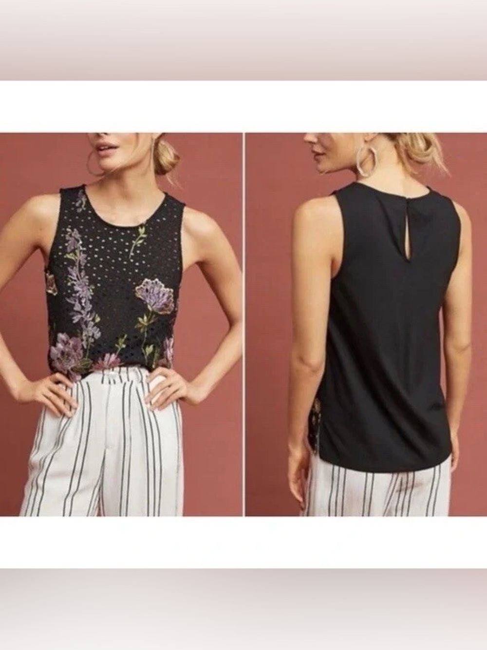 Anthropologie Black Floral Embroidered Tank with Lavender Accents